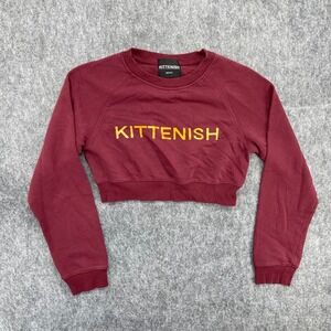 Kittenish Cropped Sweatshirt Womens Medium Burgundy Maroon Yellow Logo Raglan